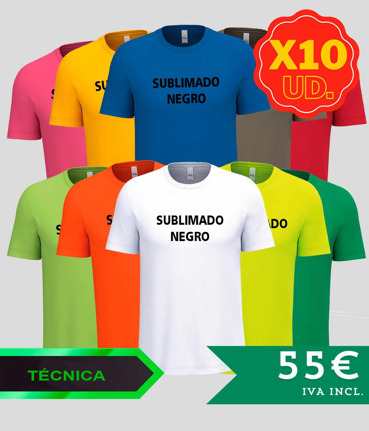 PACK 10 Camisetas Técnica para EVENTOS - SUBLIMADO PECHO/ESPALDA EN NEGRO - Envío GRATIS