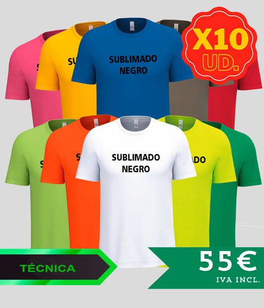 PACK 10 Camisetas Técnica para EVENTOS - SUBLIMADO PECHO/ESPALDA EN NEGRO - Envío GRATIS