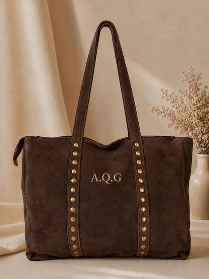 Bolso piel ante con tachuelas - Marrón Chocolate