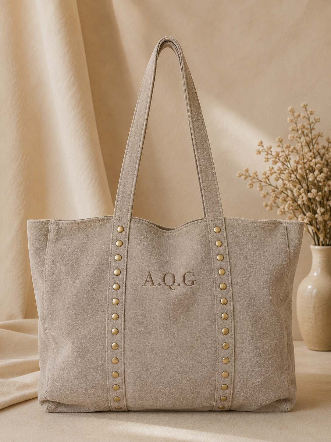 Bolso piel ante con tachuelas - Beige Claro