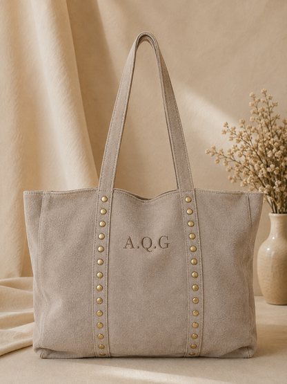 Bolso piel ante con tachuelas - Beige Claro