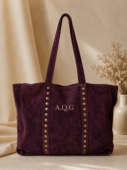 Bolso piel ante con tachuelas - Berenjena