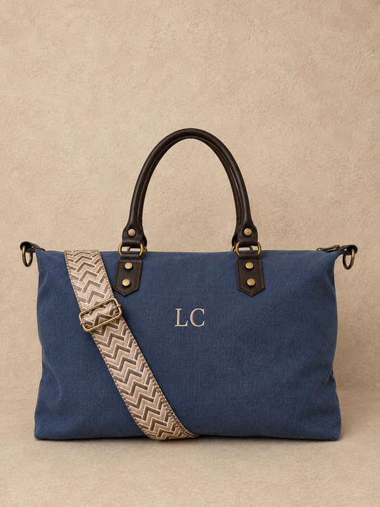 Bolso lona y cuero - Azul